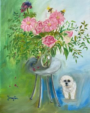 Flowers and dog